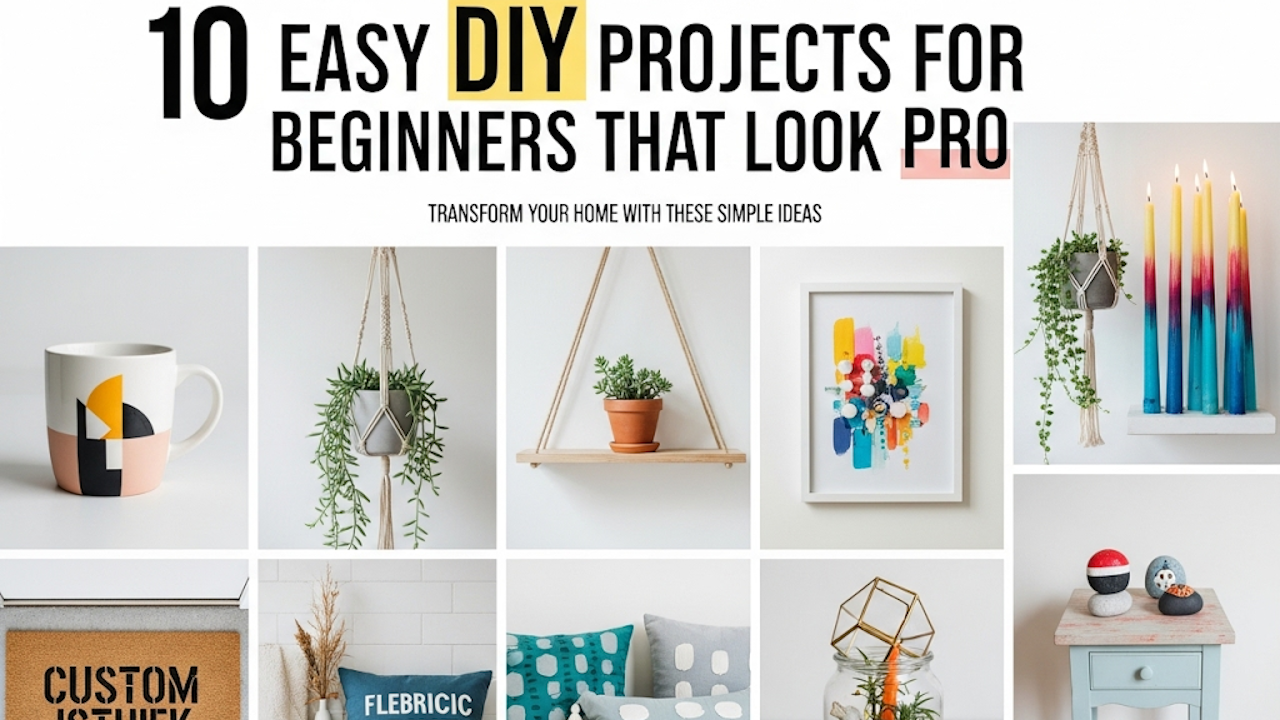 A thumbnail for a DIY projects video. The title reads "10 EASY DIY PROJECTS FOR BEGINNERS THAT LOOK PRO." Ten small images show various crafts, including mugs, plant hangers, and a framed painting.