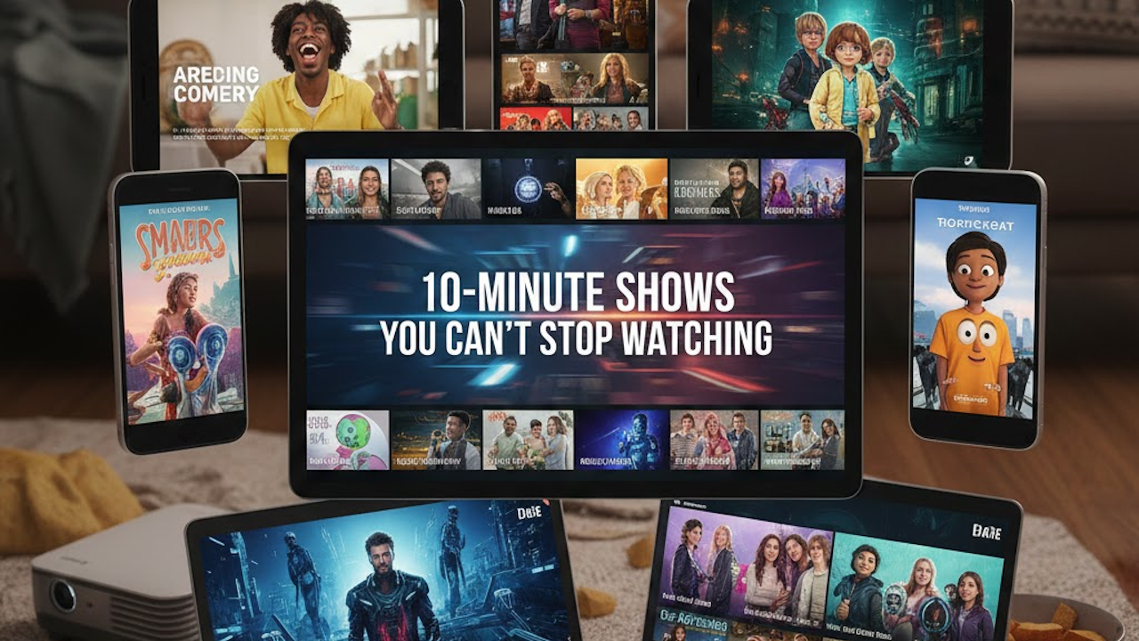 Vibrant ad for bingeable 10-minute shows on a streaming service, with floating devices displaying colorful animated and live-action thumbnails around a bold central headline.