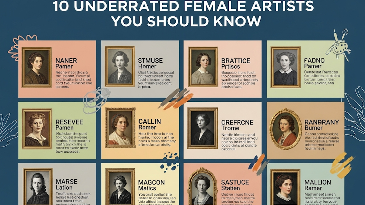A list titled 10 Underrated Female Artists You Should Know features ten portraits in gilded frames with names and descriptions on a blue background.
