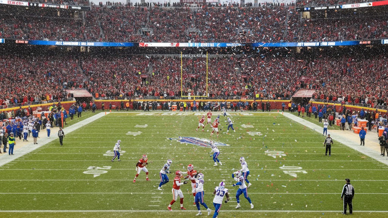 Snowy 2026 AFC Championship: Chiefs lead Bills 30-27 on a confetti-covered field. Fans cheer with a "Road to Super Bowl" banner in a packed stadium.