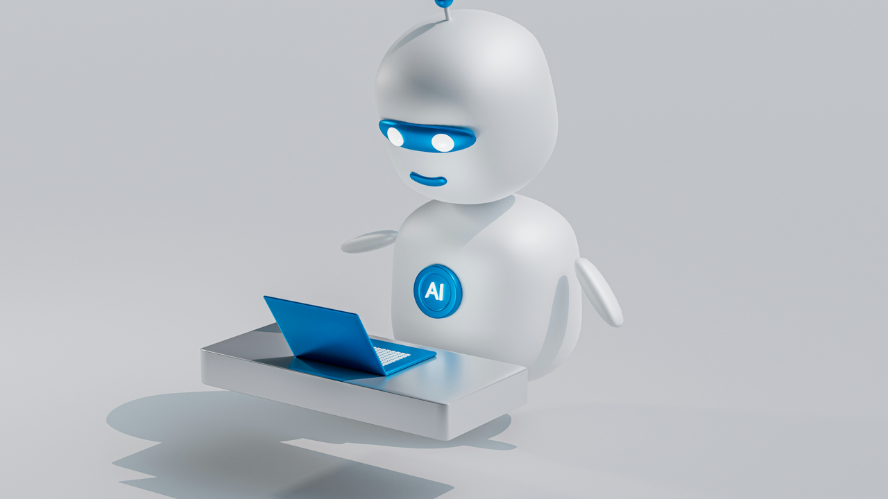 A cute white robot with blue accents, featuring an "AI" badge, works on a blue laptop at a minimalist desk.