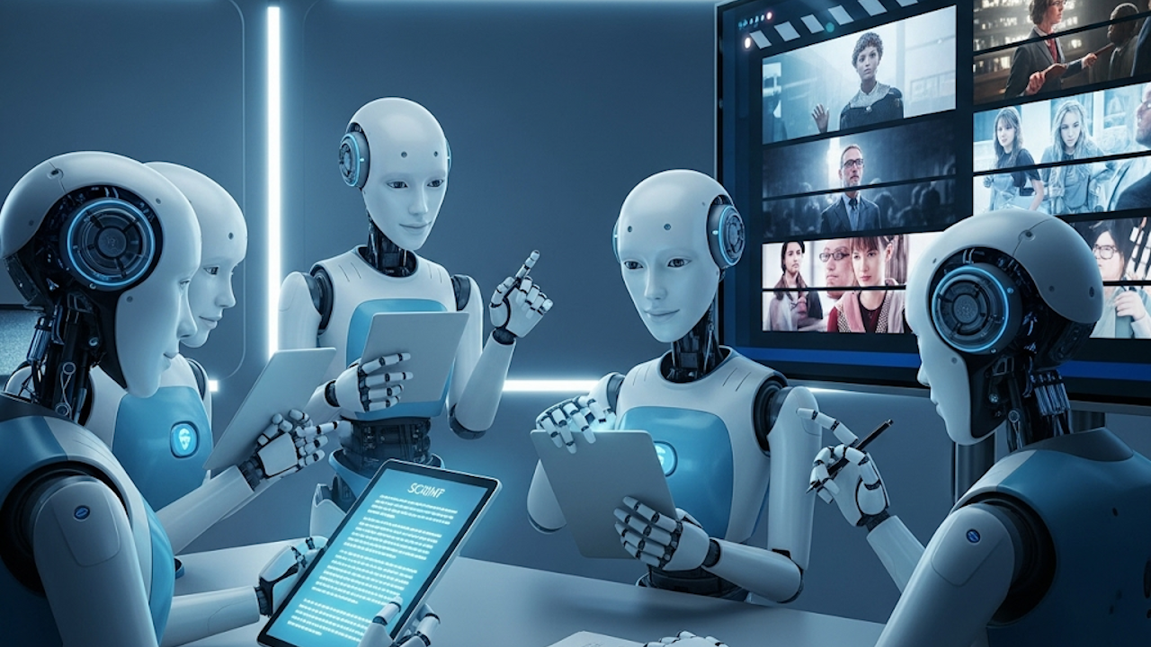A group of robots sitting around a table, each interacting with their own tablet s in an indoor setting.
