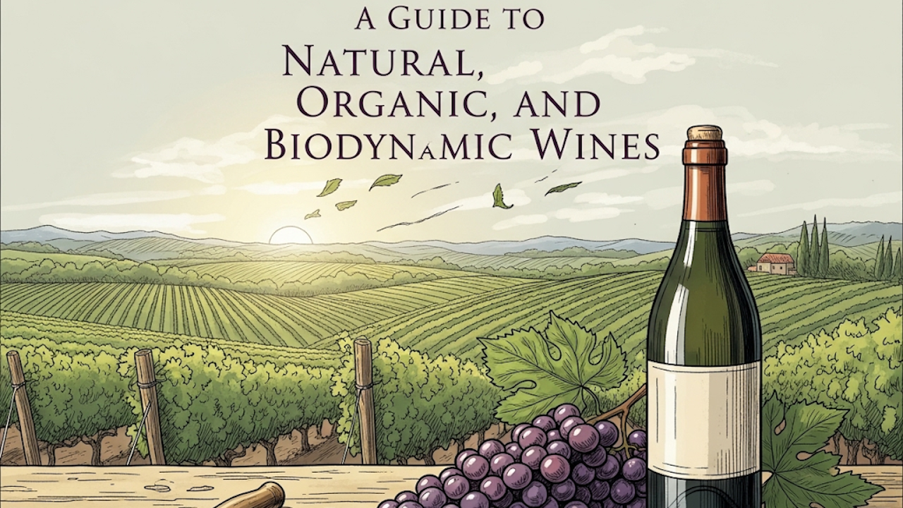 An illustrated guide cover showing a vineyard at sunset with a wine bottle, grapes, and corkscrew on a rustic wooden table.