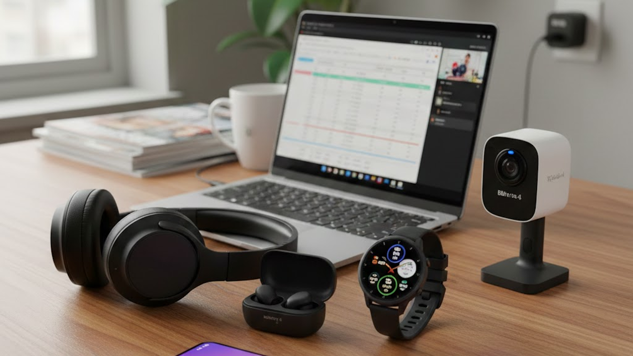 A modern workspace setup featuring black over-ear headphones, wireless earbuds in charging case, a smartwatch on its stand displaying a colorful interface, and a compact white Blink-style indoor security camera (likely Blink Mini variant) on a wooden desk with an open laptop showing spreadsheets and video feeds, plus a coffee mug and books in soft natural light.