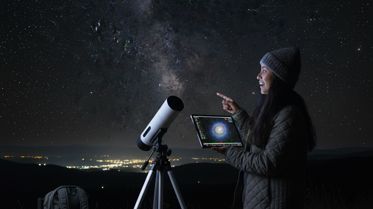 A person uses a telescope and a tablet to observe the night sky, filled with stars and the Milky Way. City lights glow in the distance.