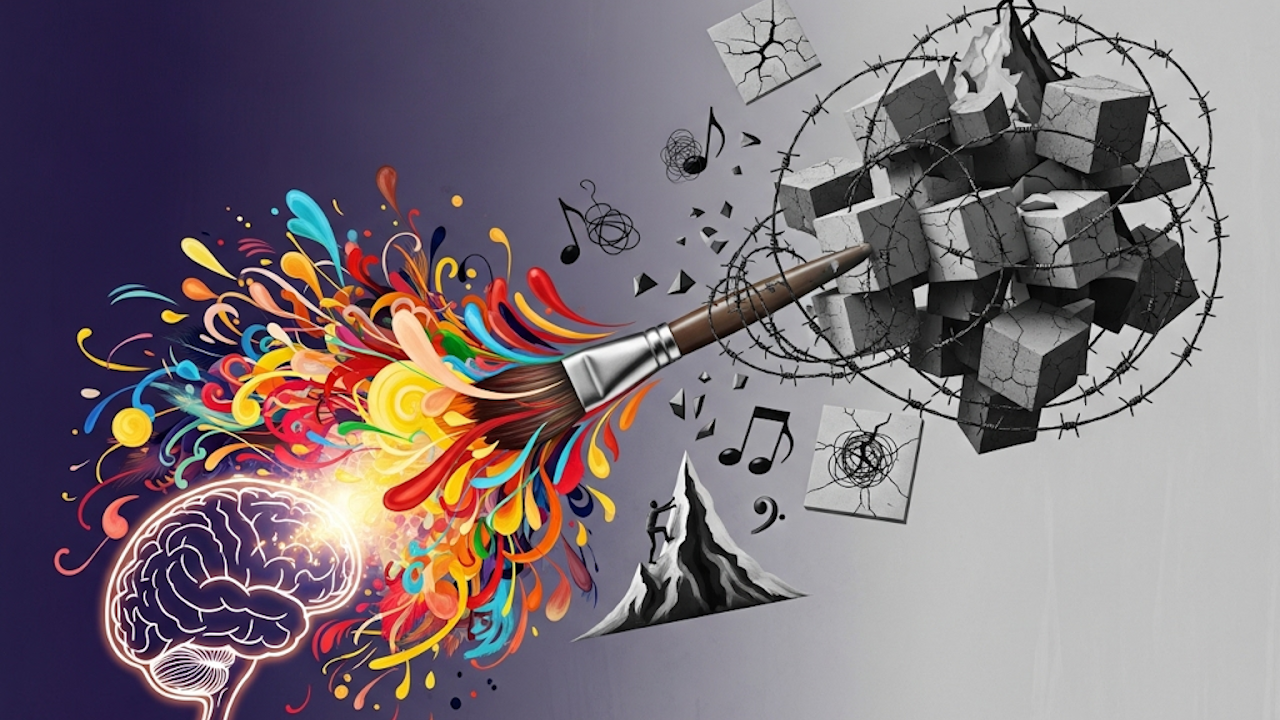 A digital illustration shows a glowing brain on the left, painting vibrant, colorful strokes that push away a crumbling gray block of barbed-wire cubes on the right.