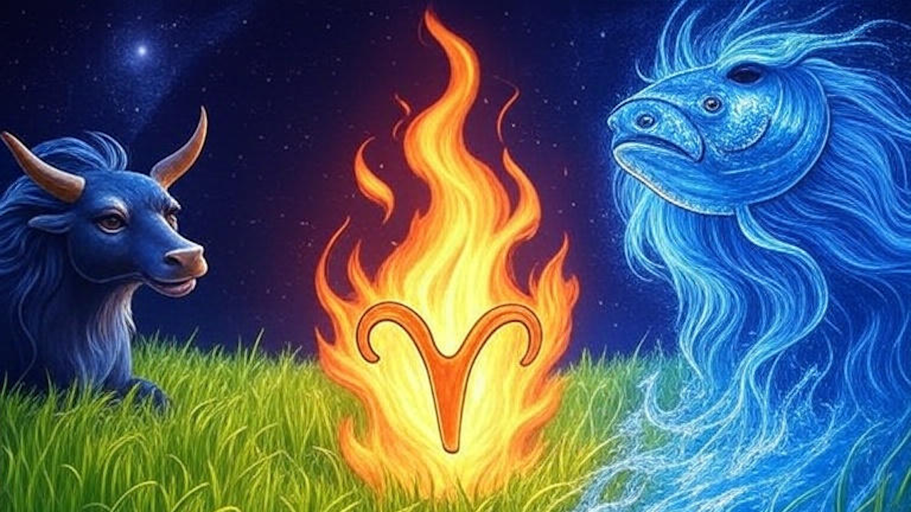 An artistic depiction of three astrological signs. On the left is a blue bull representing Taurus, with glowing horns. On the right is a blue, mystical-looking creature with a flowing mane, which appears to be a stylized lion for Leo. Between them is a fiery symbol for Aries. All three are set against a dark, starry night sky with a grassy field below.
