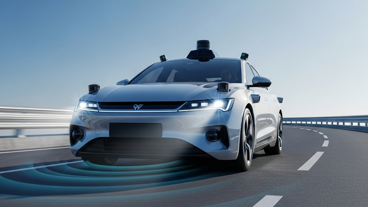 An autonomous self driving car driving on a road under a clear sky.