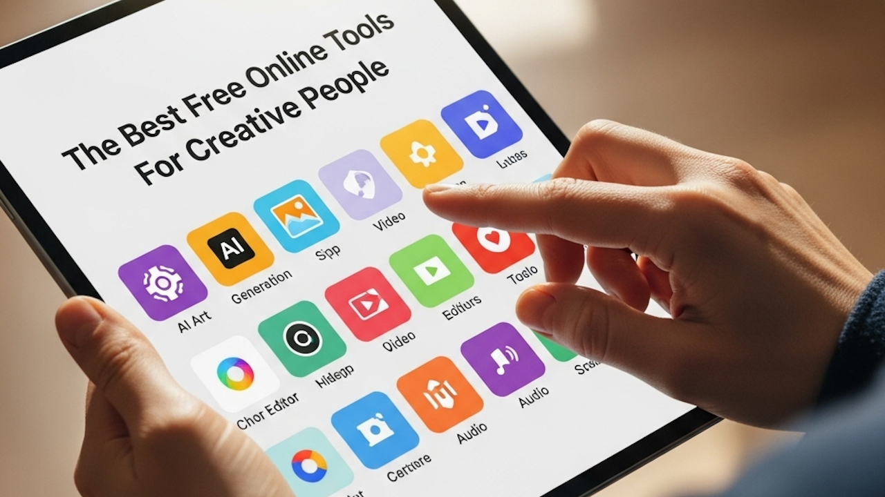 A person pointing at a tablet displaying various online tools for creative people.