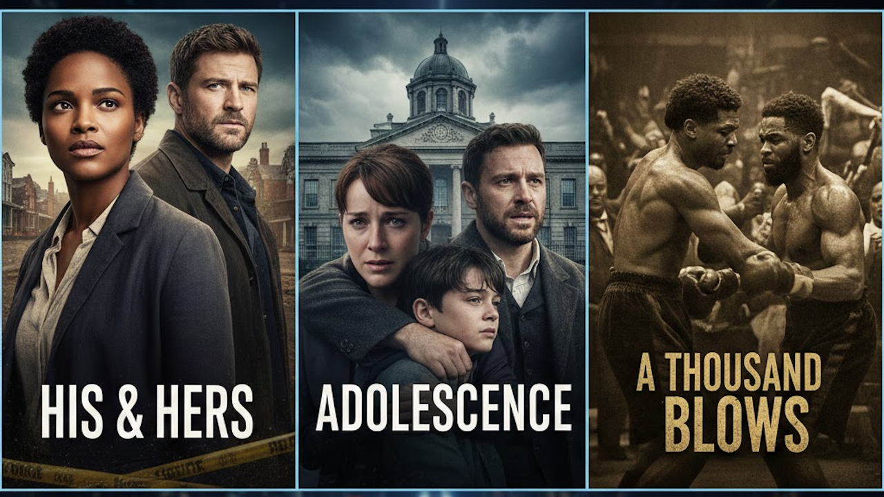 Collage: "His & Hers" (dramatic couple portraits), "Adolescence" (family embracing before grand building), "A Thousand Blows" (intense bare-knuckle boxing fight), blue borders, yellow crime tape.