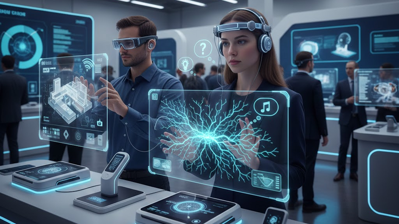 Two scientists in a high-tech lab: a man manipulates a holographic building model, while a woman with neural headset explores a glowing brain network amid question and music icons.