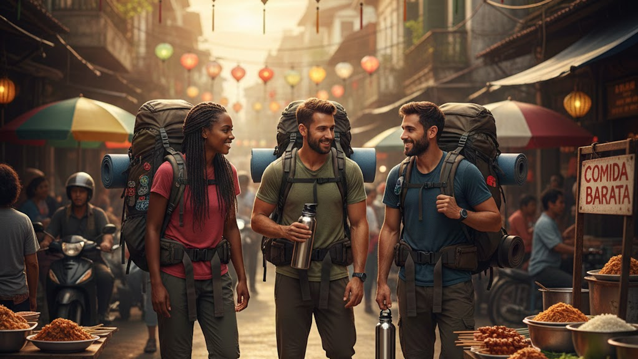 Adventurous trio with backpacks and water bottles explores a lively Southeast Asian market at dusk, amid scooters, umbrellas, and steaming food carts under glowing lights.