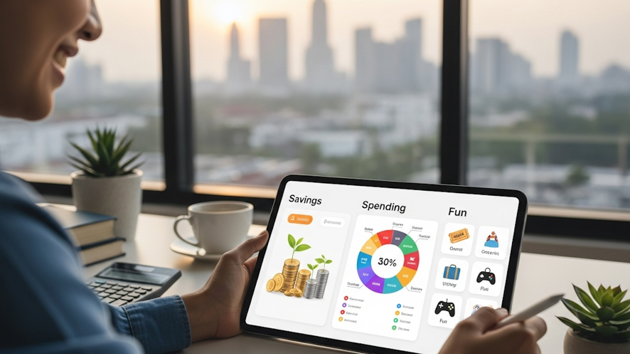 A smiling person using a tablet to view a financial app with savings and spending charts, with a city skyline in the background.