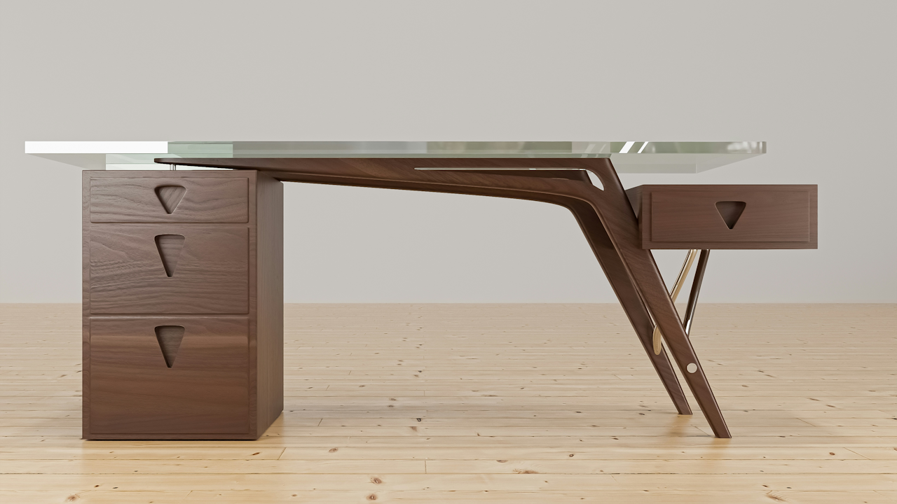 A modern desk featuring a sleek glass top, positioned on a plywood floor with wooden accents surrounding it. The design incorporates elements suitable for writing and can complement various indoor settings.