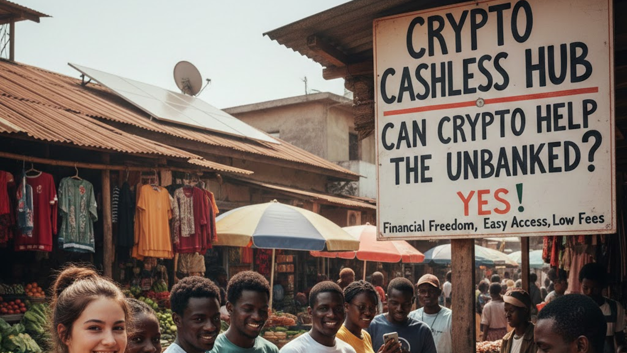 Vibrant African market scene: diverse smiling youth with phones under a bold sign promoting crypto as a cashless hub for the unbanked, offering freedom, access, and low fees.