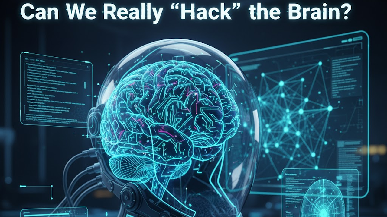 Digital brain hologram with "Can We Really 'Hack' the Brain?" text, futuristic interface, and network connections.