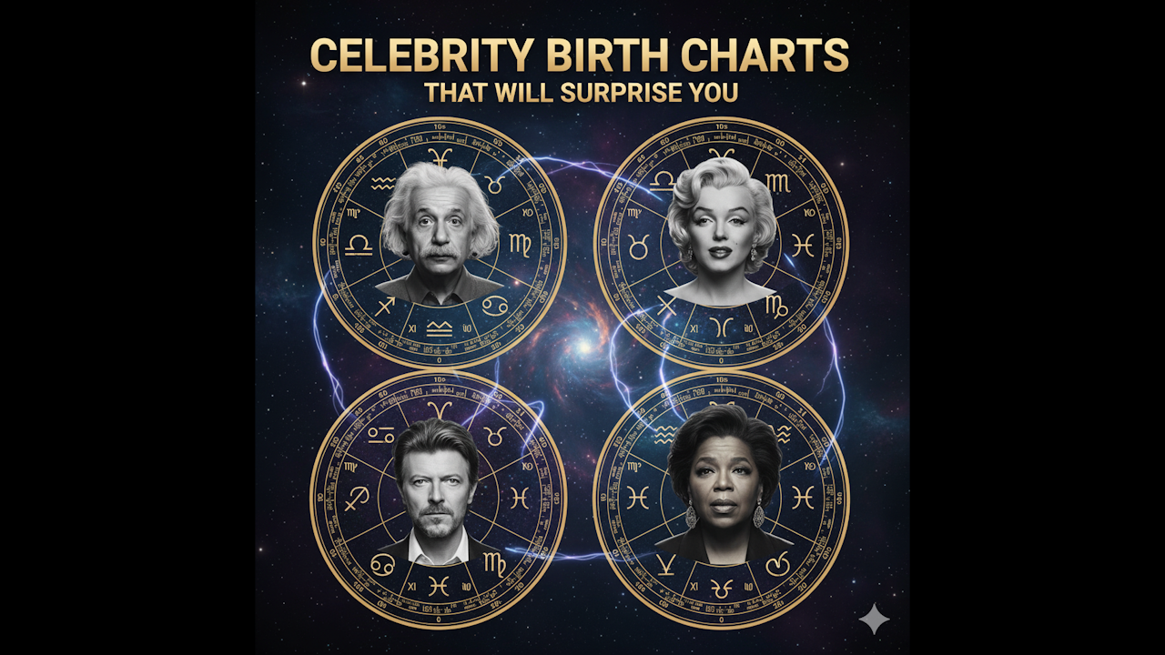 A group of people gathered, each holding symbols related to celebrity birth charts.