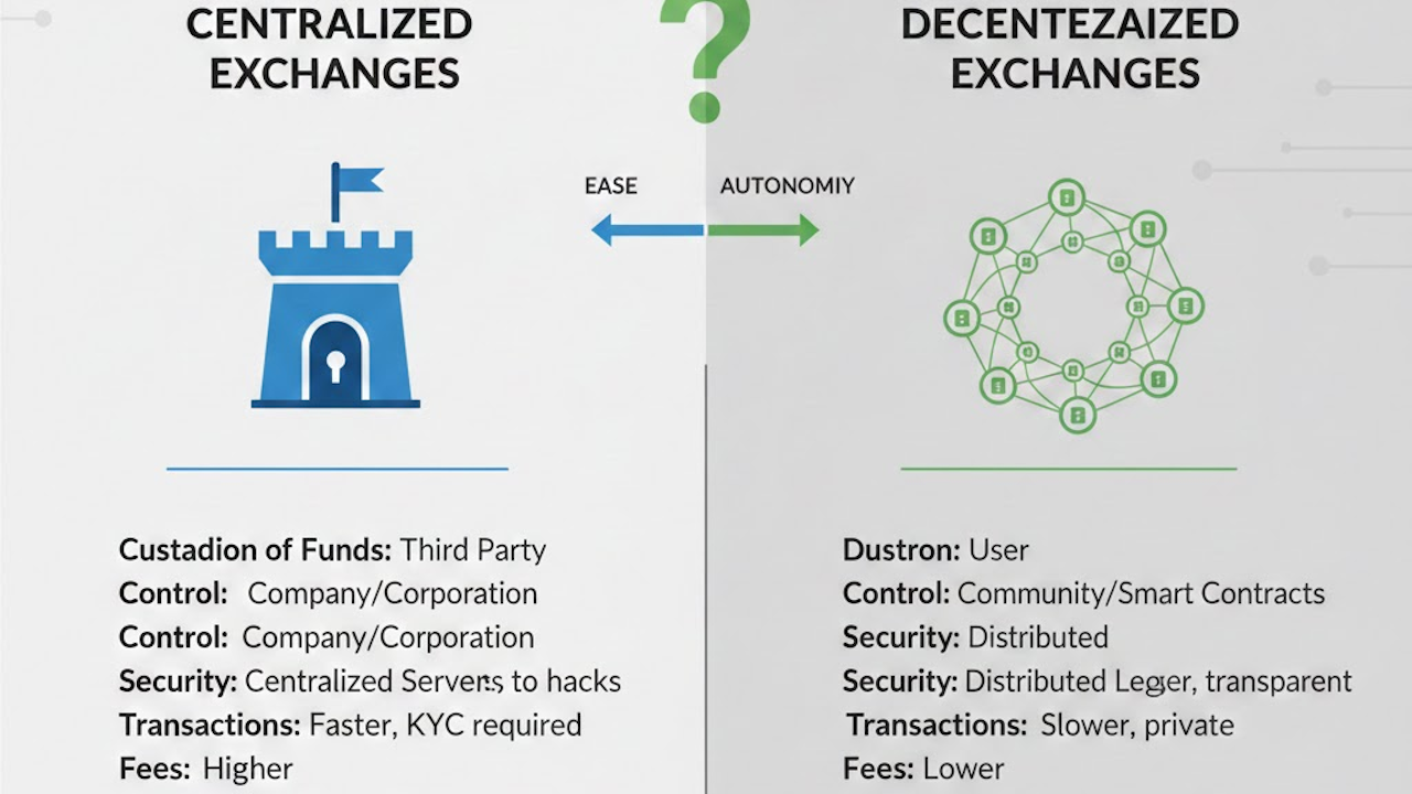 A chart comparing centralized and decentralized exchanges, highlighting various factors such as custody of funds, control, security, transaction speed, and fees. The chart lists attributes of each type of exchange with distinctions such as third-party custodians for centralized exchanges versus user control for decentralized ones. It also addresses security measures and transaction requirements in terms of speed and KYC (Know Your Customer) regulations.