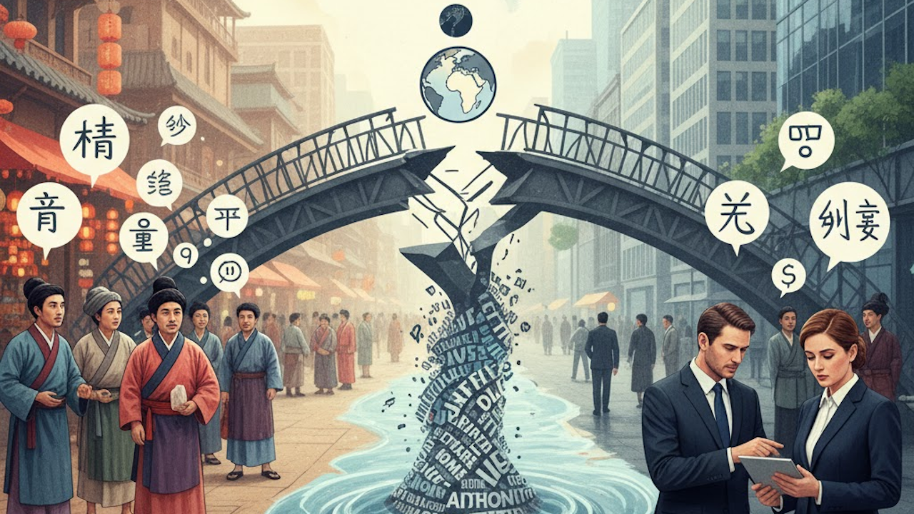 Bridge divides traditional Chinese and modern Western worlds, speech bubbles in respective languages, digital code erupts into water between them.