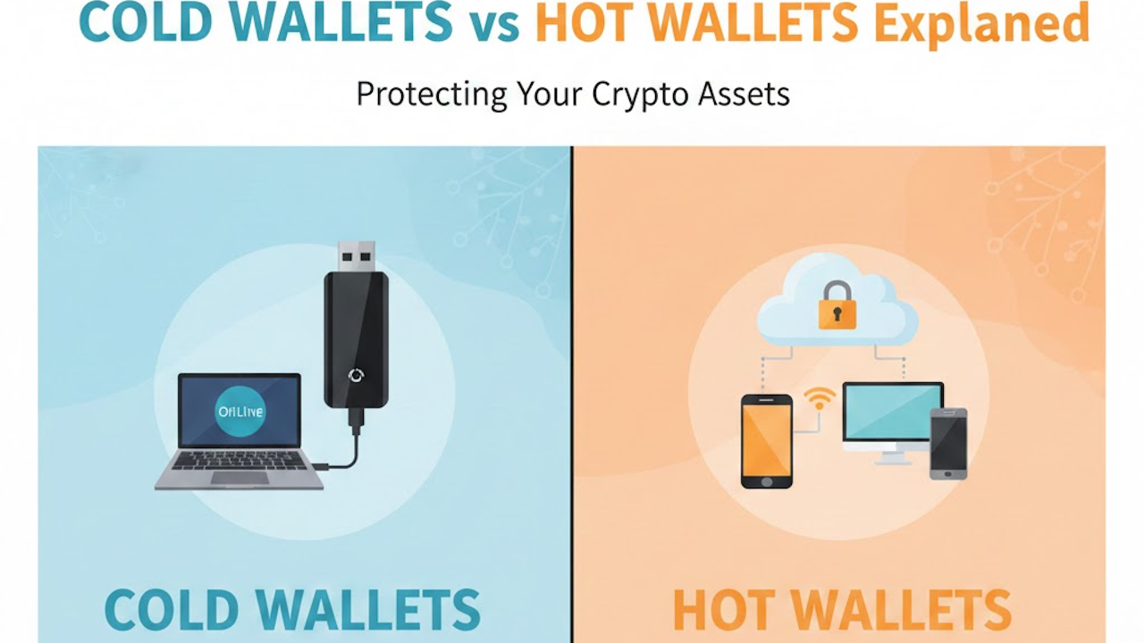 Cold wallet side: USB hardware device plugged into laptop; Hot wallet side: cloud with locked icons linking to mobile and desktop devices.