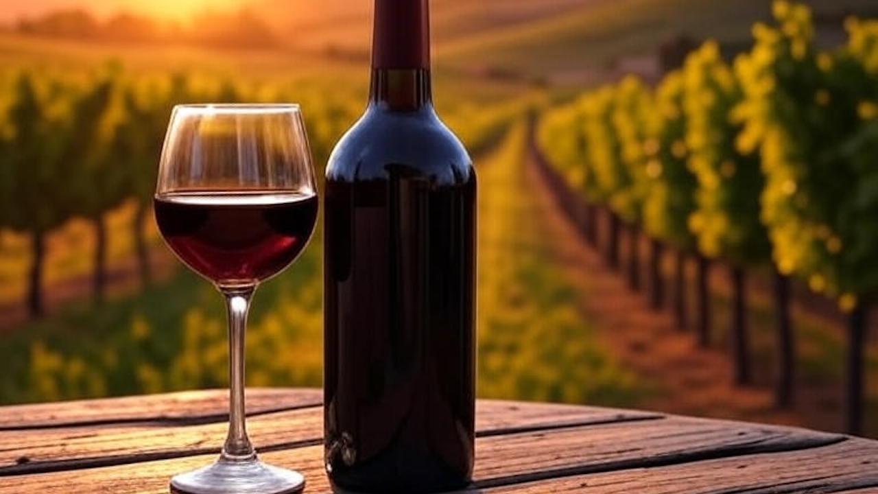 A bottle of red wine and a wine glass sitting on a table outdoors.