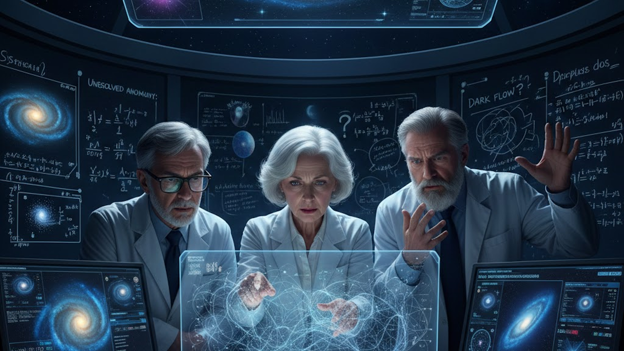 Three senior scientists (two men and one woman) stand in a futuristic observatory room, intently studying a glowing holographic cosmic web display surrounded by galaxy images and unsolved physics equations on curved screens.