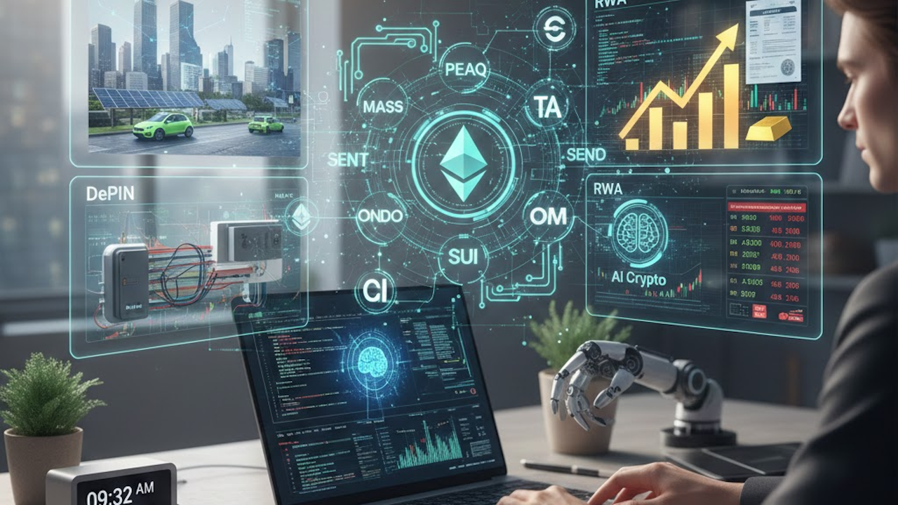 Futuristic crypto dashboard: person at laptop with holographic overlays of RWA, DePIN, AI Crypto, tokens (ONDO, OM, SUI), Ethereum, gold, EVs, solar, rising charts in cyan glow.