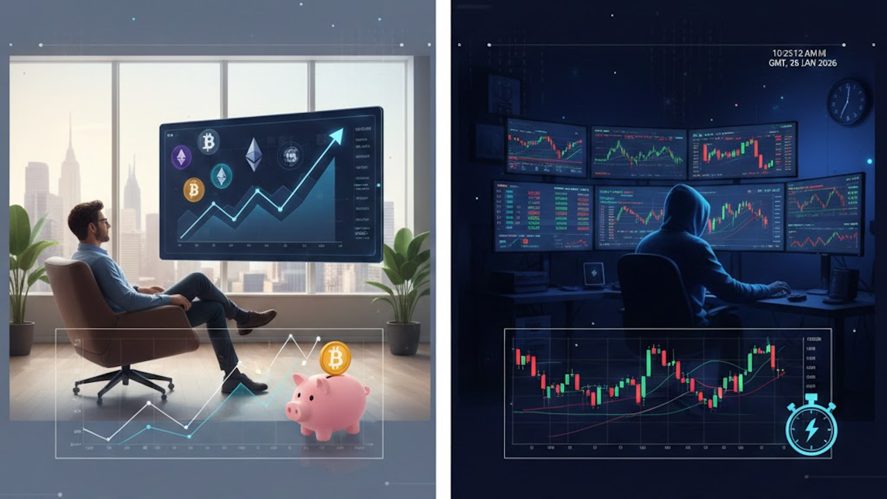 Split-screen graphic: "Crypto Investing" shows a relaxed man viewing long-term growth charts; "Crypto Trading" shows an active trader monitoring intense, multi-screen market data.