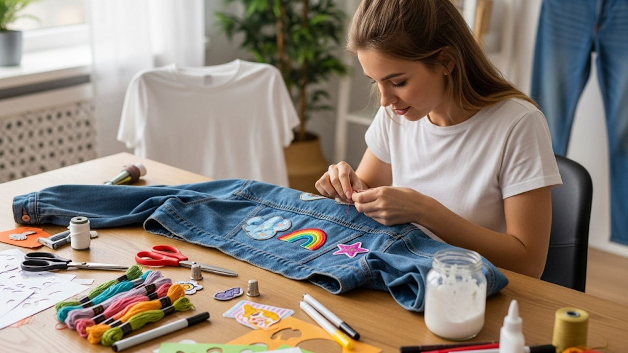 A woman is sitting at a table, sewing a pair of jeans. Various sewing materials are spread out around her in an indoor setting.