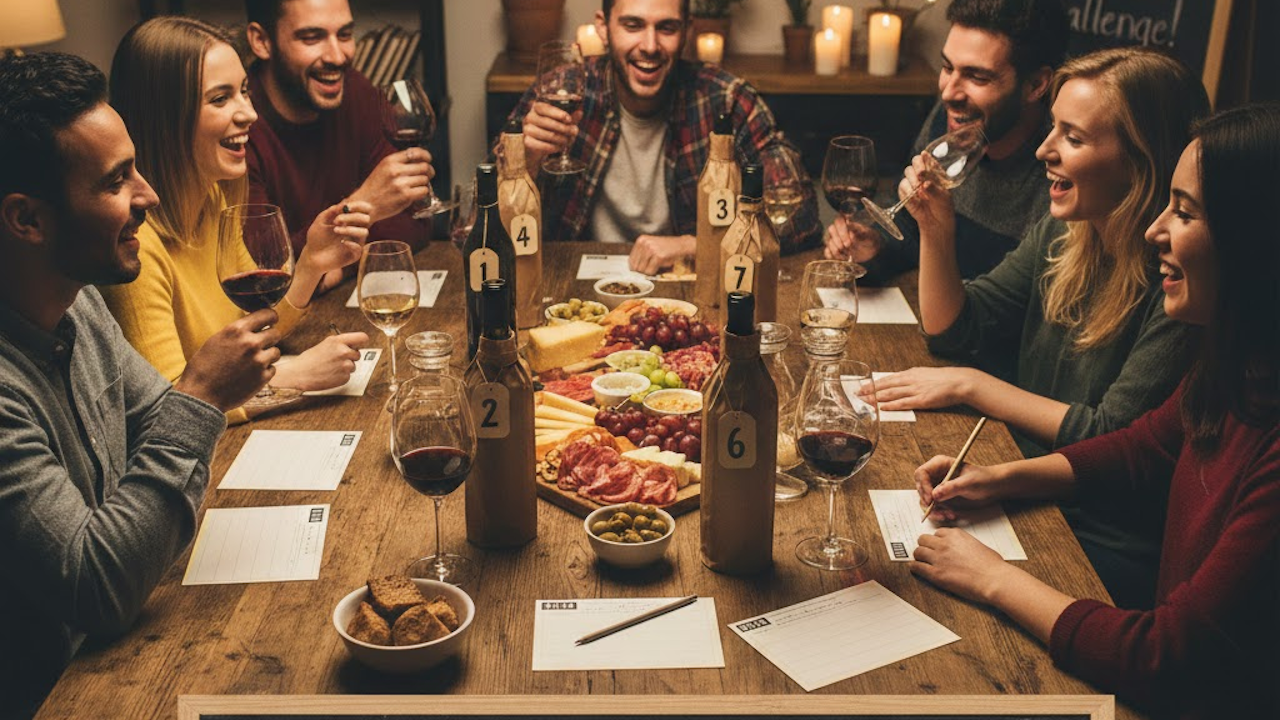 Eight friends laughing and enjoying a blind wine tasting around a candlelit table with numbered bottles, cheese, charcuterie, grapes, and tasting notes in a cozy gathering.