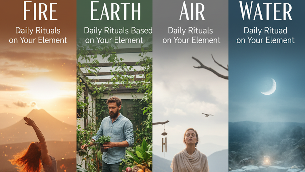 A collage featuring a book titled "Daily Rituals Based on Your Element" with themes of fire, earth, air, and water. The background includes outdoor elements and imagery related to the moon. The design incorporates various text styles and appears to have a man as part of its visual composition.