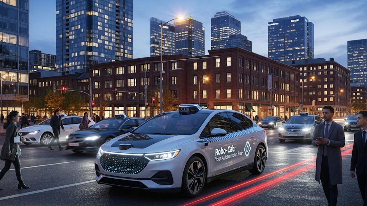 A mid-size driverless grey taxi driving on a city street with skyscrapers in the background, surrounded by other vehicles and people.