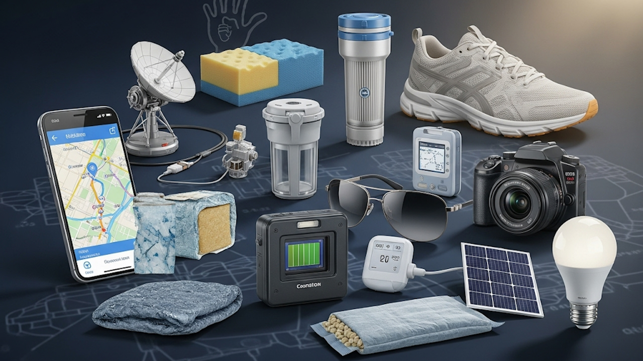 A collage of various objects, including a smartphone, satellite dish, sponge, water filter, sneaker, camera, sunglasses, solar panel, and a smart lightbulb.