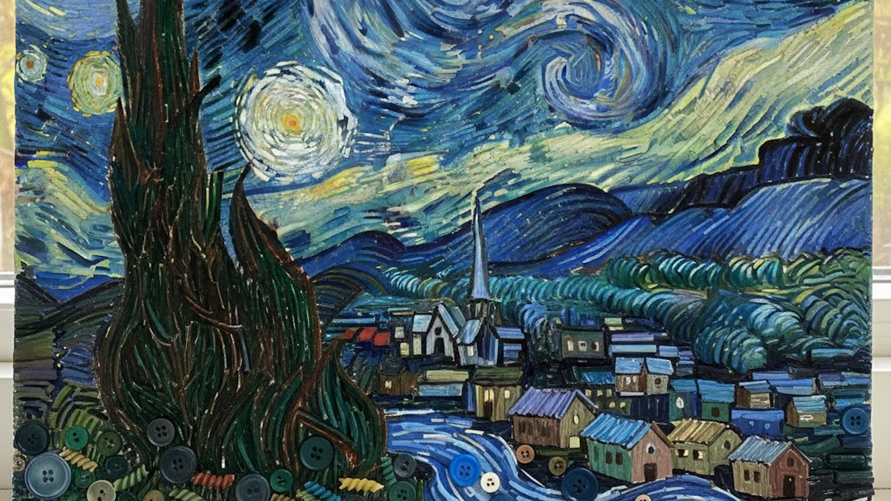 Vibrant button art of Van Gogh's "Starry Night," featuring swirling skies, a cypress tree, and colorful village houses.