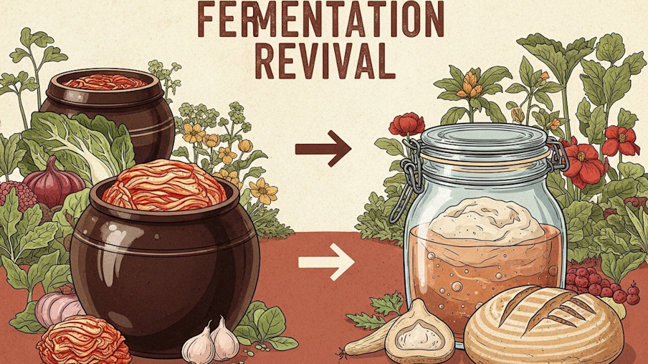 A colorful poster featuring the text "FERMENTATION REVIVAL" accompanied by illustrations of a vase and jars with various food items, showcasing the art of fermentation.