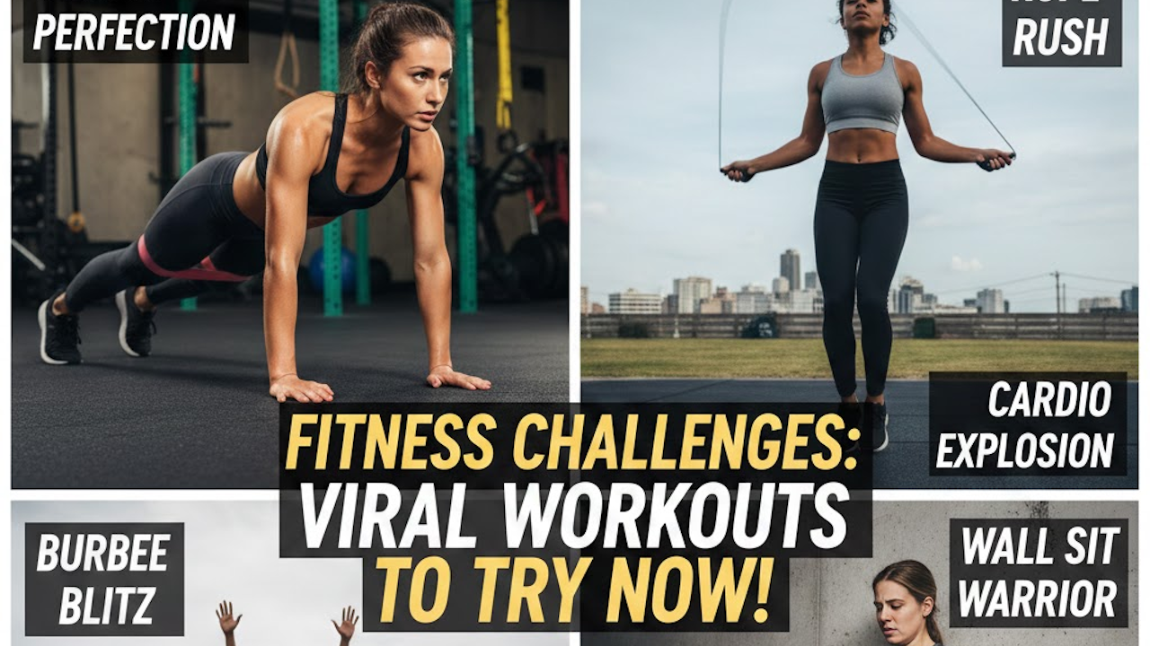 Collage of viral fitness challenges featuring women doing plank push-ups, jump rope cardio, burpees, and wall sits, with bold motivational overlays like PERFECTION, RUSH, CARDIO EXPLOSION, and BURPEE BLITZ.