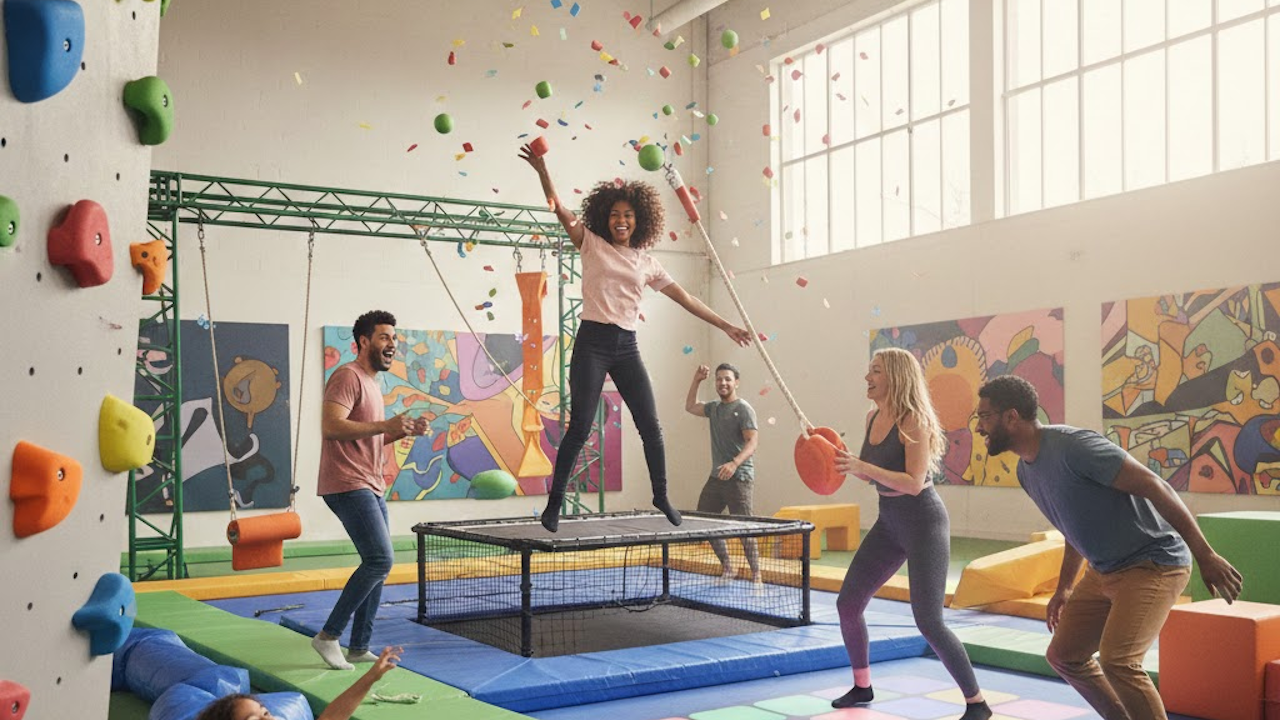 A diverse group of happy young adults jumping on a large trampoline in a vibrant indoor play gym, surrounded by colorful foam mats, climbing walls, and falling confetti.