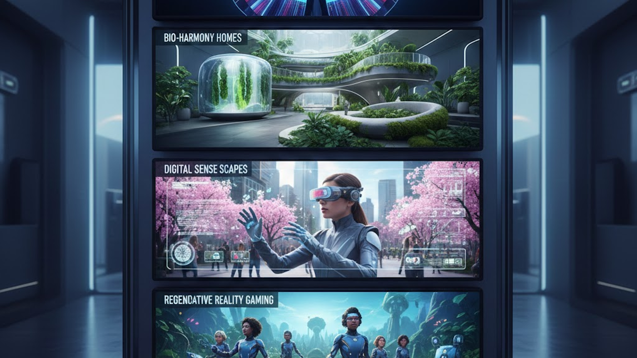 Futuristic hallway display showcasing three panels: Bio-Harmony Homes with lush greenery, Digital Sense Scapes with VR user, and Regenerative Reality Gaming with children in suits.