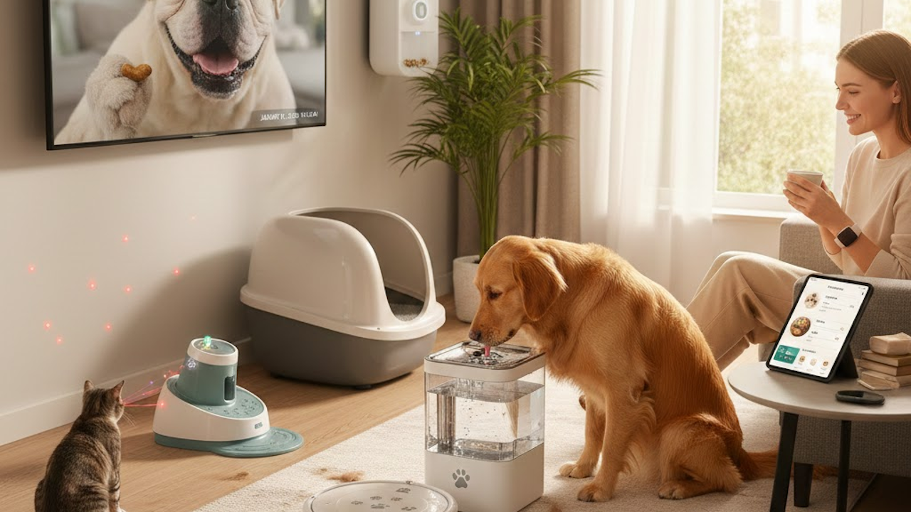 A cozy living room scene: woman on sofa with tablet pet app, golden retriever at water fountain, kitten chasing laser toy; smart feeders, litter, vacuum nearby.