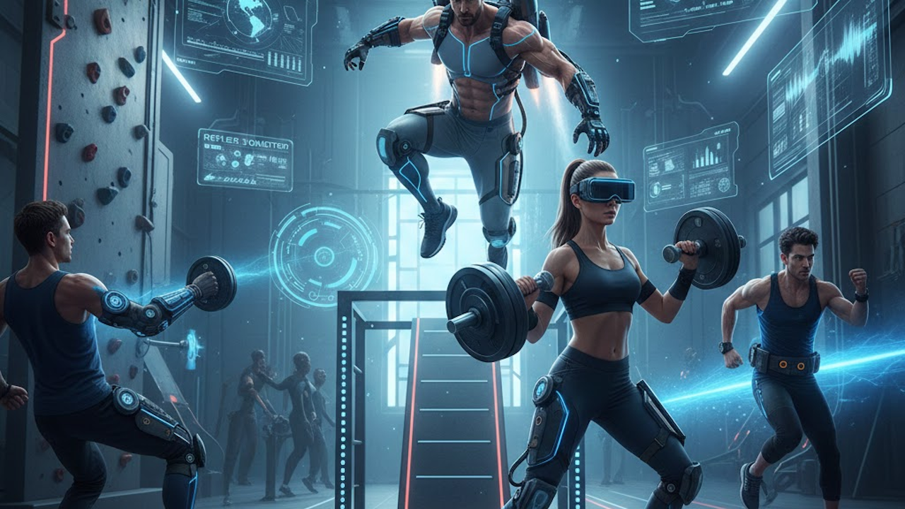 Futuristic gym with athletes in high-tech exosuits and VR headsets training intensely: jumping, lifting glowing dumbbells, climbing, surrounded by holographic data displays and neon lights.