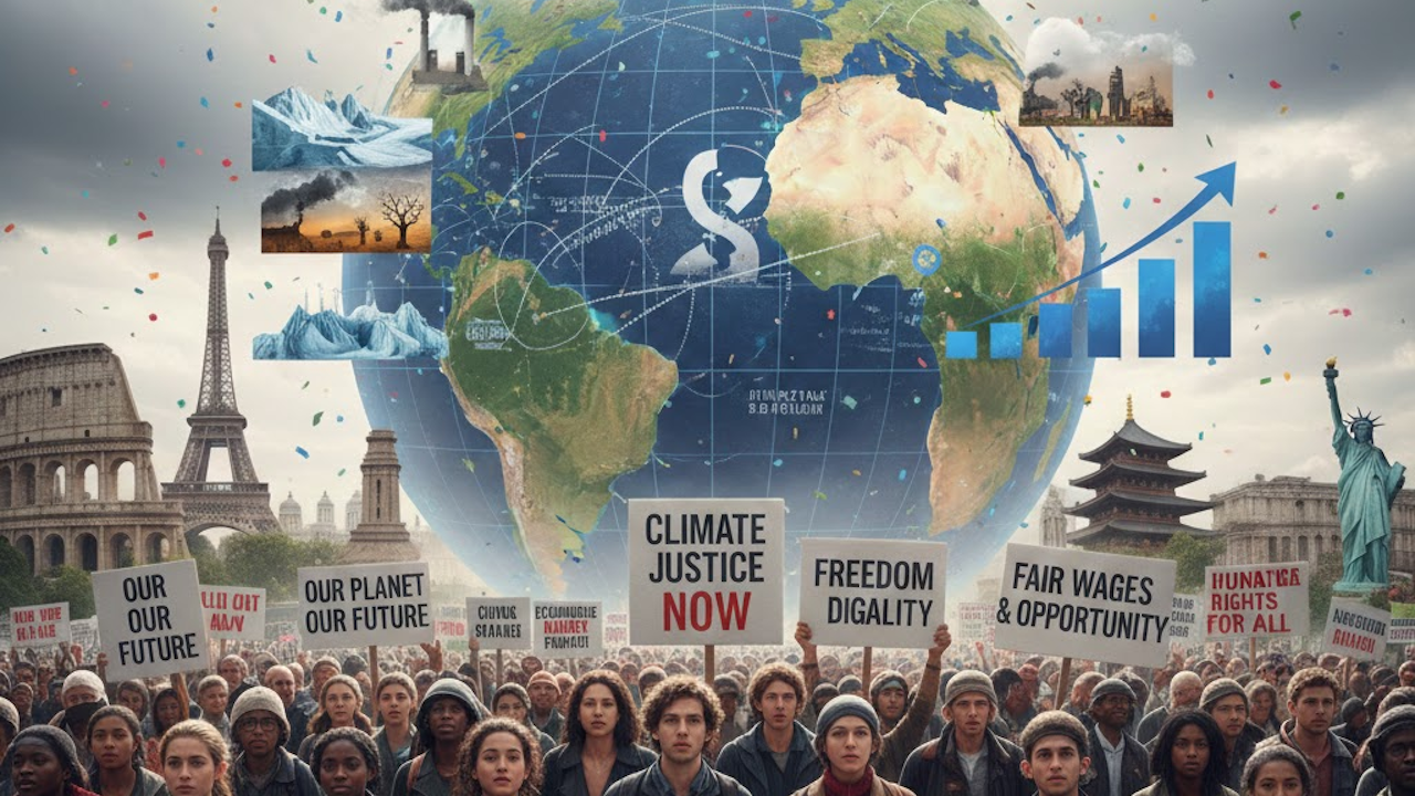 Diverse global crowd protests for climate justice, freedom, dignity, fair wages, and human rights in front of a large Earth with landmarks, graphs, and falling confetti.