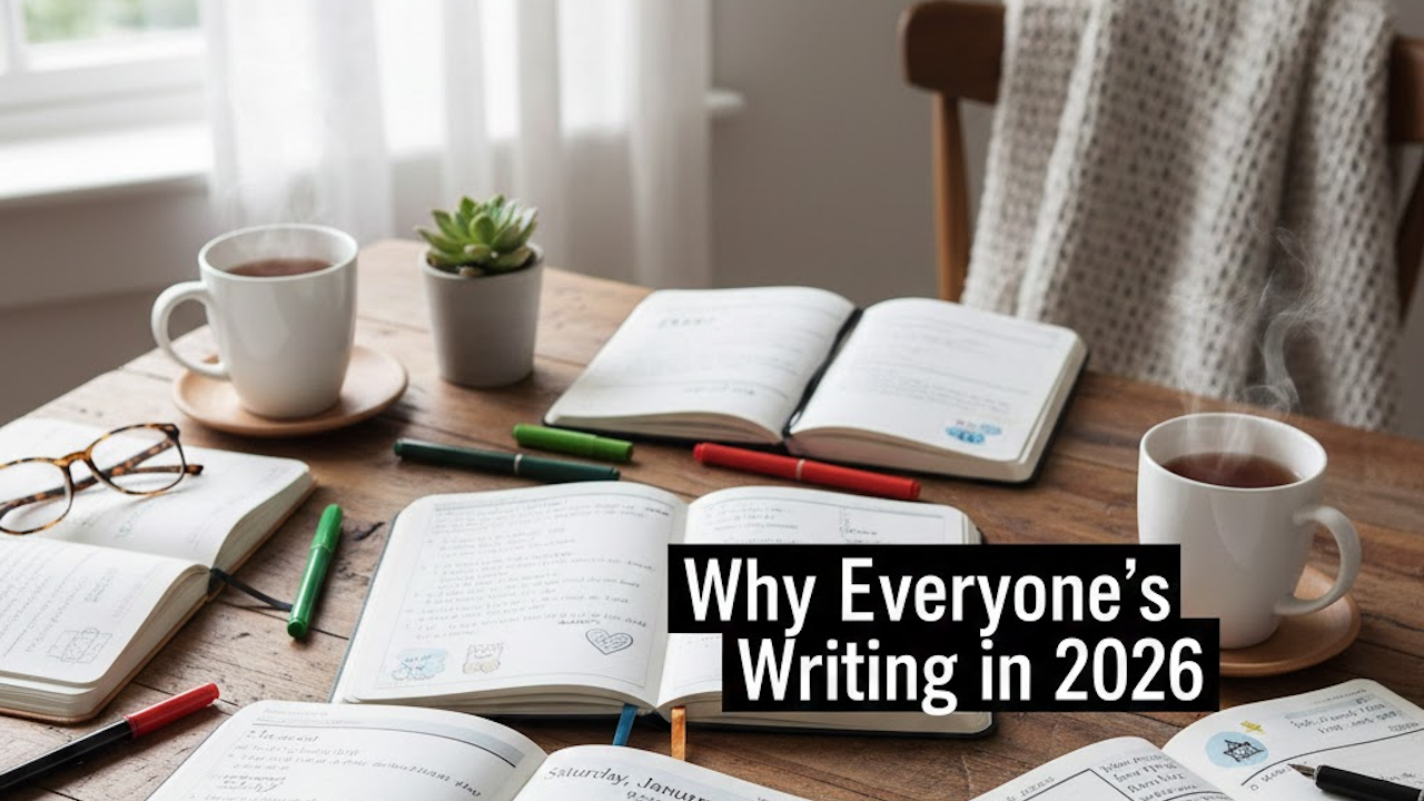 Cozy wooden desk with open journals, colorful pens, two steaming tea mugs, glasses, succulent, and blanket-draped chair. Text overlay: “Why Everyone’s Writing in 2026”.