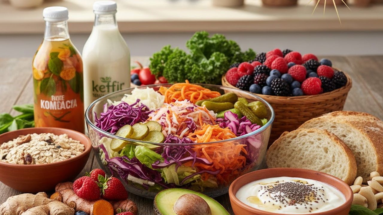 A vibrant, colorful spread of healthy foods: large salad bowl with mixed greens, shredded purple cabbage, carrots, pickles, and berries; surrounded by kefir, kombucha, yogurt with chia seeds, oatmeal, fresh fruits, avocado, ginger, nuts, and artisan bread.