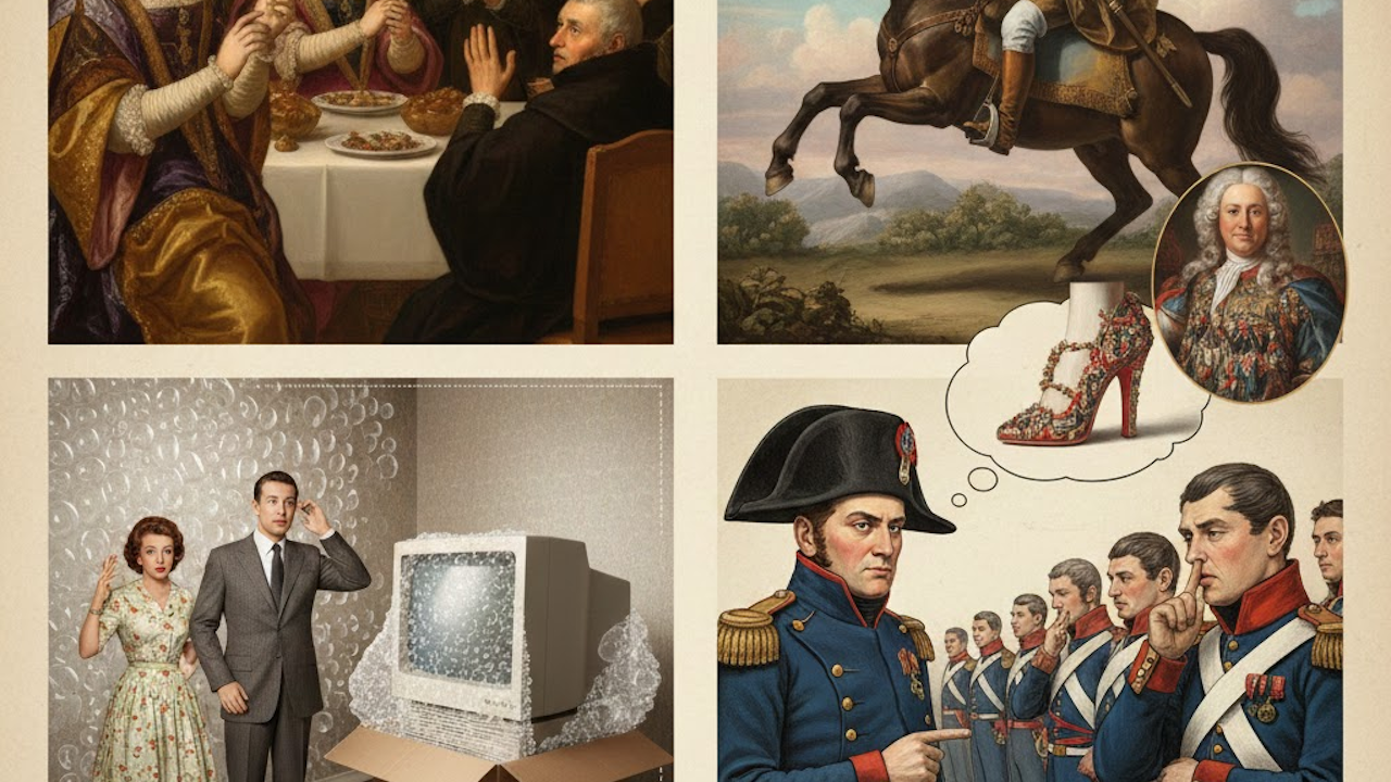 Collage of surreal historical memes: Leonardo's Last Supper with spaghetti, Napoleon on horseback thinking of high heels, James Bond with bubbly old PC, and silent Soviet officers.