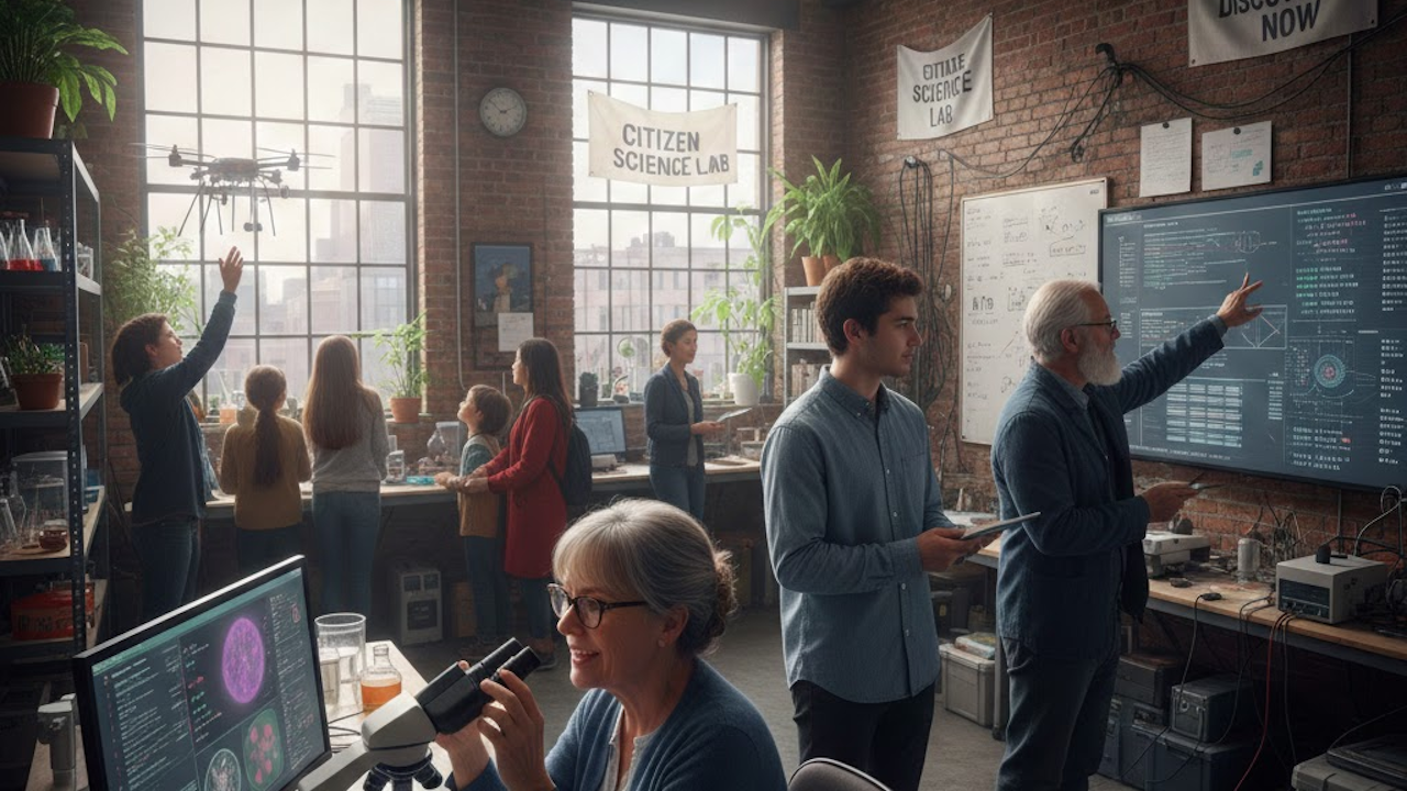 Diverse group in Citizen Science Lab collaborates on projects: child reaches for drone, woman at microscope, team discusses code and data on screens.