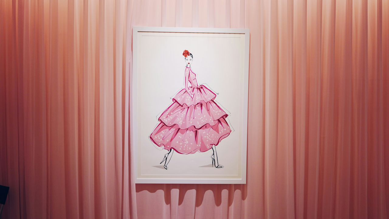 Framed illustration of a woman in a pink, layered dress with a red flower hat, displayed against a soft pink curtain backdrop.