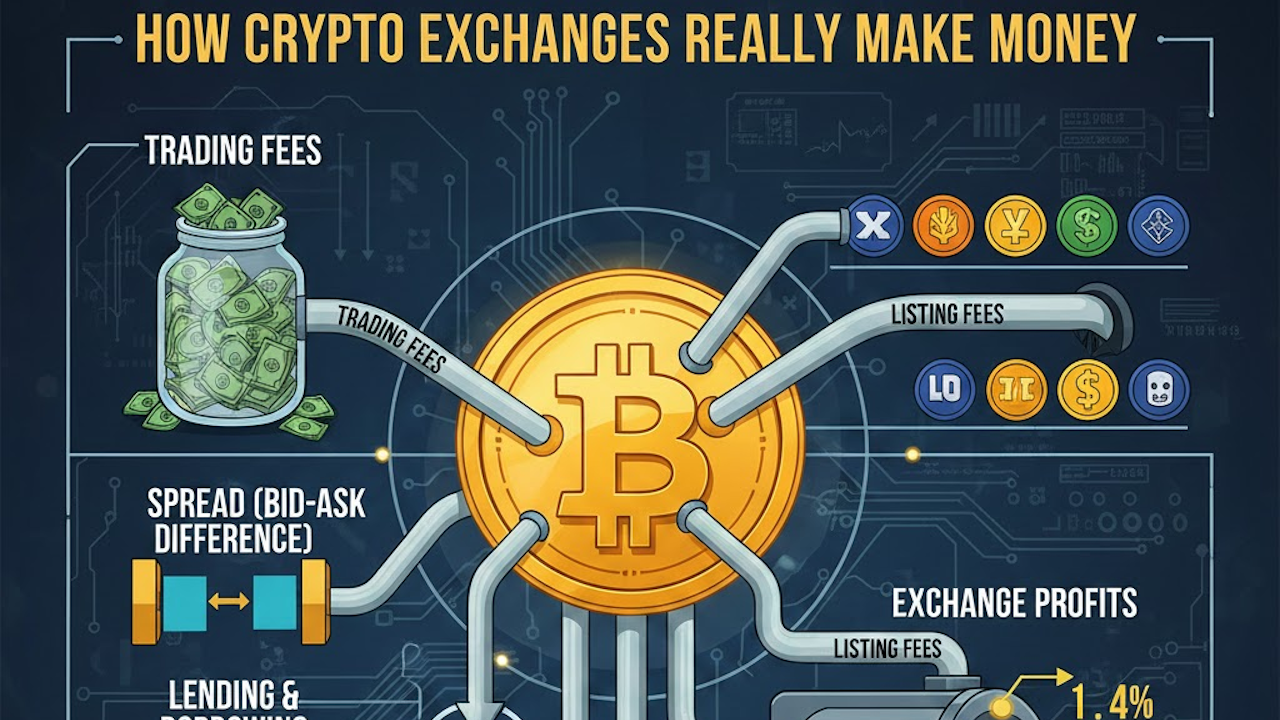Infographic titled "How Crypto Exchanges Really Make Money", showing a Bitcoin coin with pipes connecting to revenue sources: Trading Fees, Listing Fees, Spread (Bid-Ask Difference), Lending & Borrowing (1.4%), and Exchange Profits.