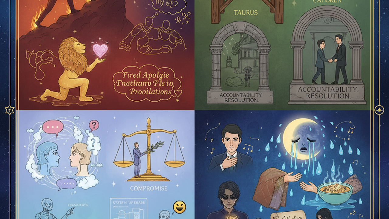 Illustrated zodiac-themed panel with Leo, Taurus, Libra, and Cancer, depicting apology, accountability, compromise, and emotional healing themes.
