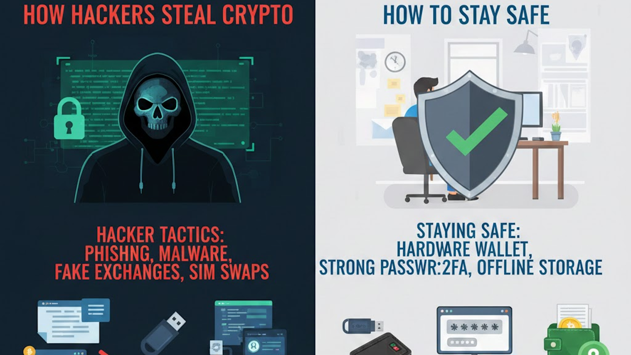 Infographic: Left side depicts hacker tactics like phishing, malware, fake exchanges, SIM swaps; right side shows safety measures including hardware wallets, strong passwords/2FA, offline storage.