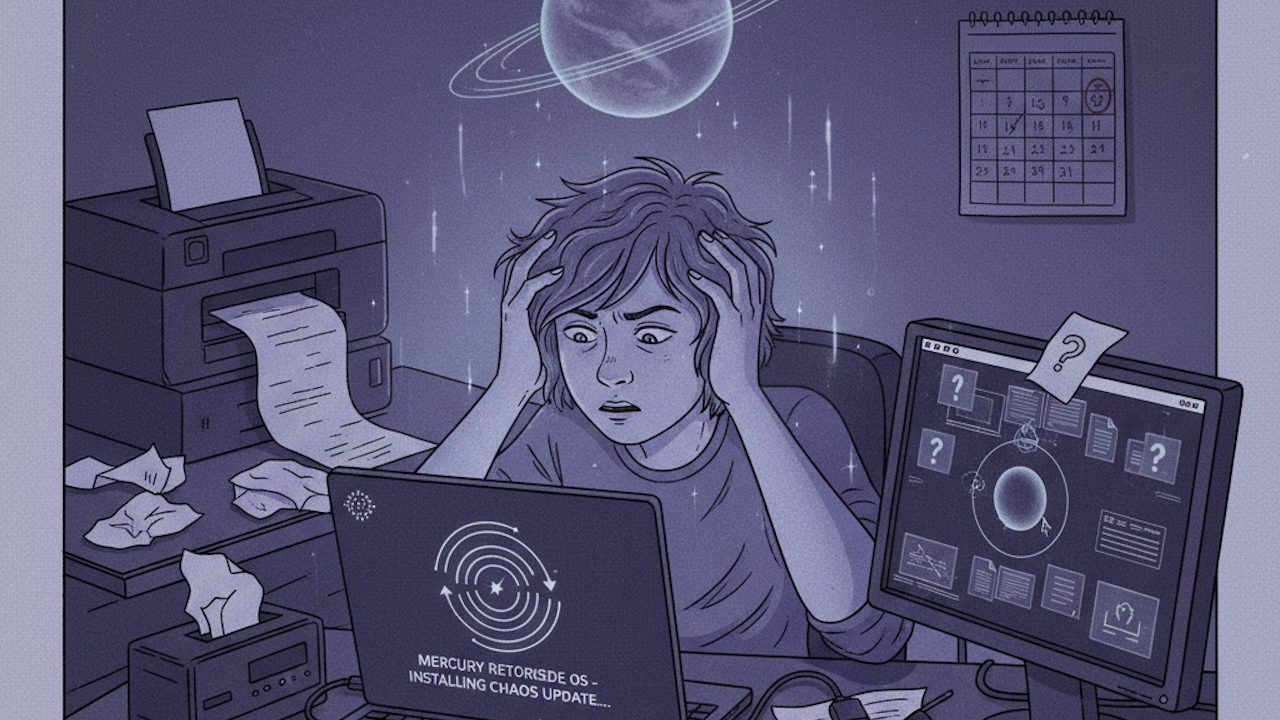 Stressed person at cluttered desk with computers installing "Mercury Retorisde OS Chaos Update," printer spewing paper, planet overhead, calendar marked.